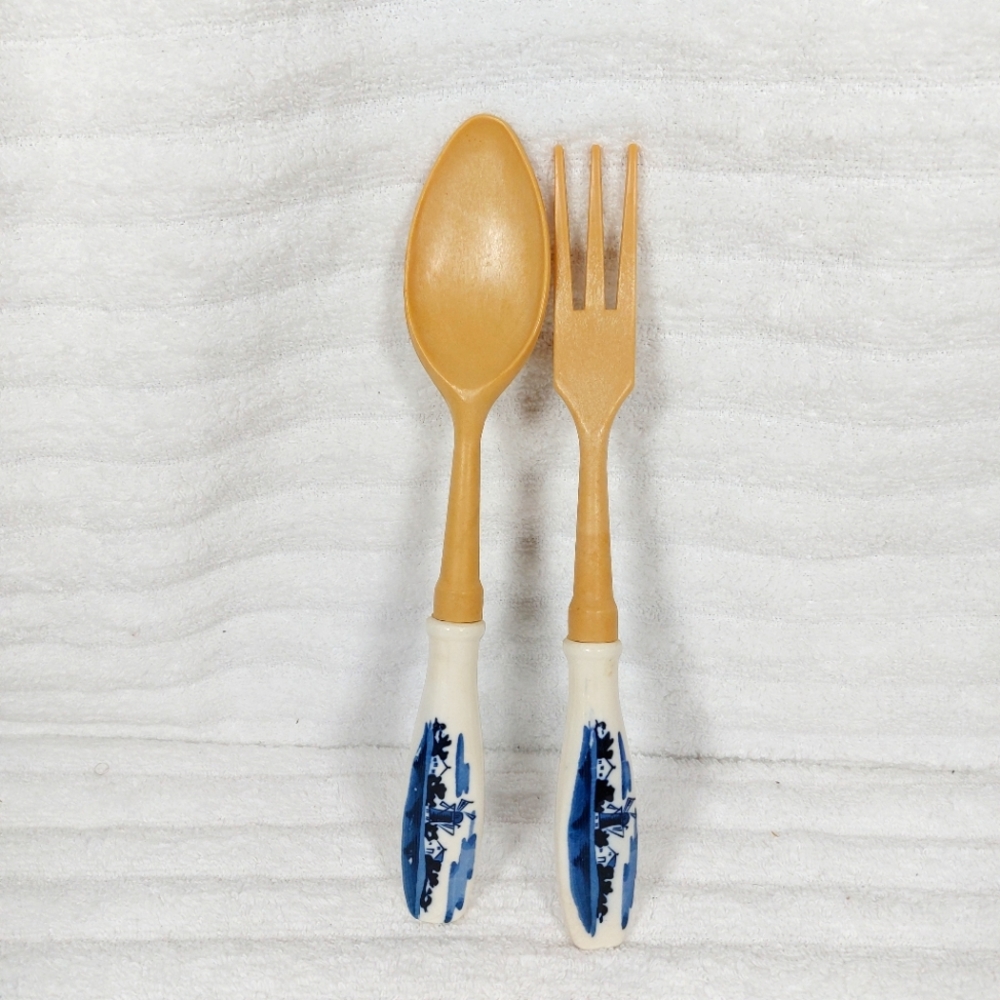 Vintage Elesva Delft Holland Windmills Salad Serving Set Fork & Spoon Blue